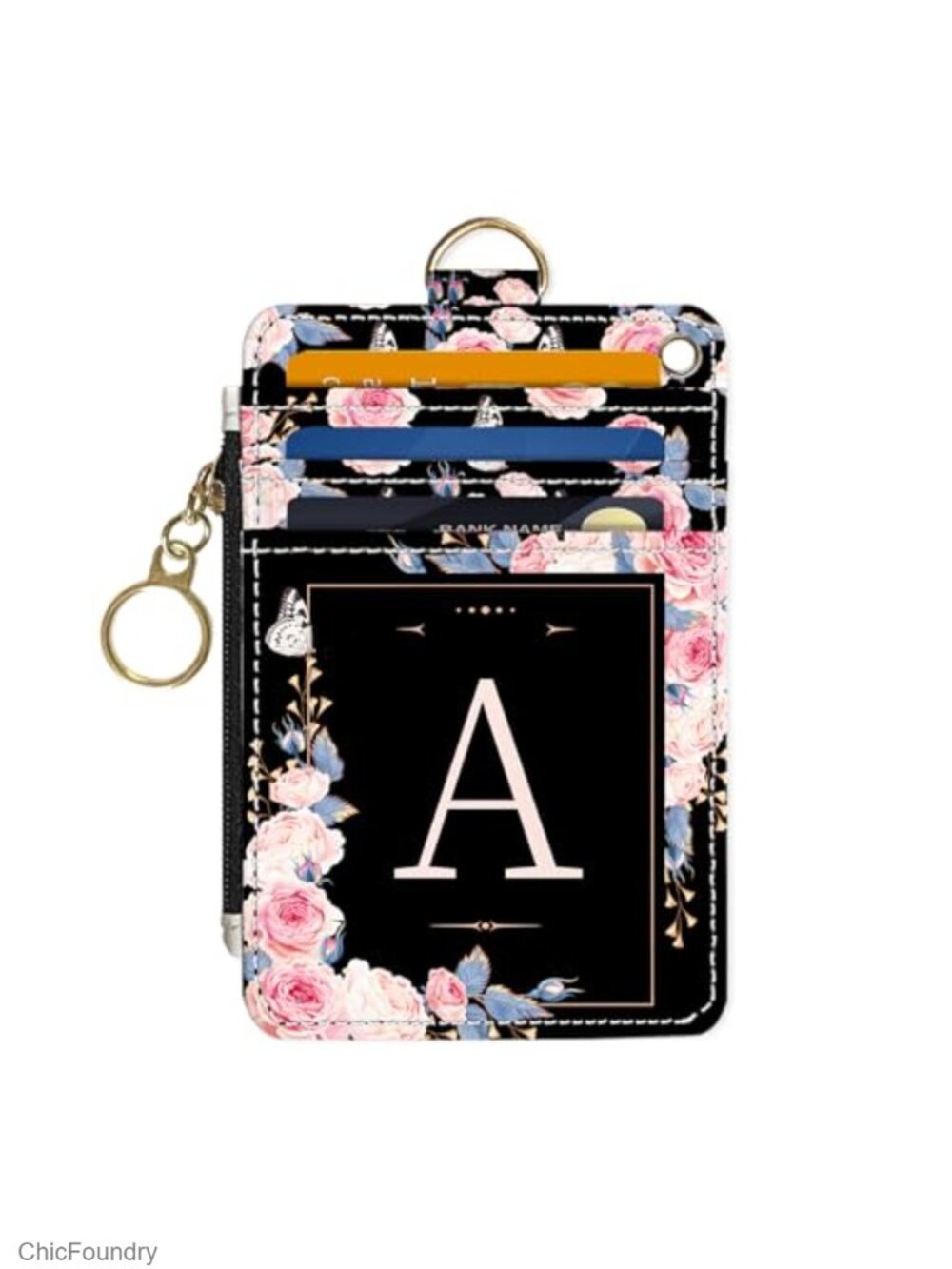 Slim RFID Wallet Card Holder Initial A PU Leather Zip ID Window